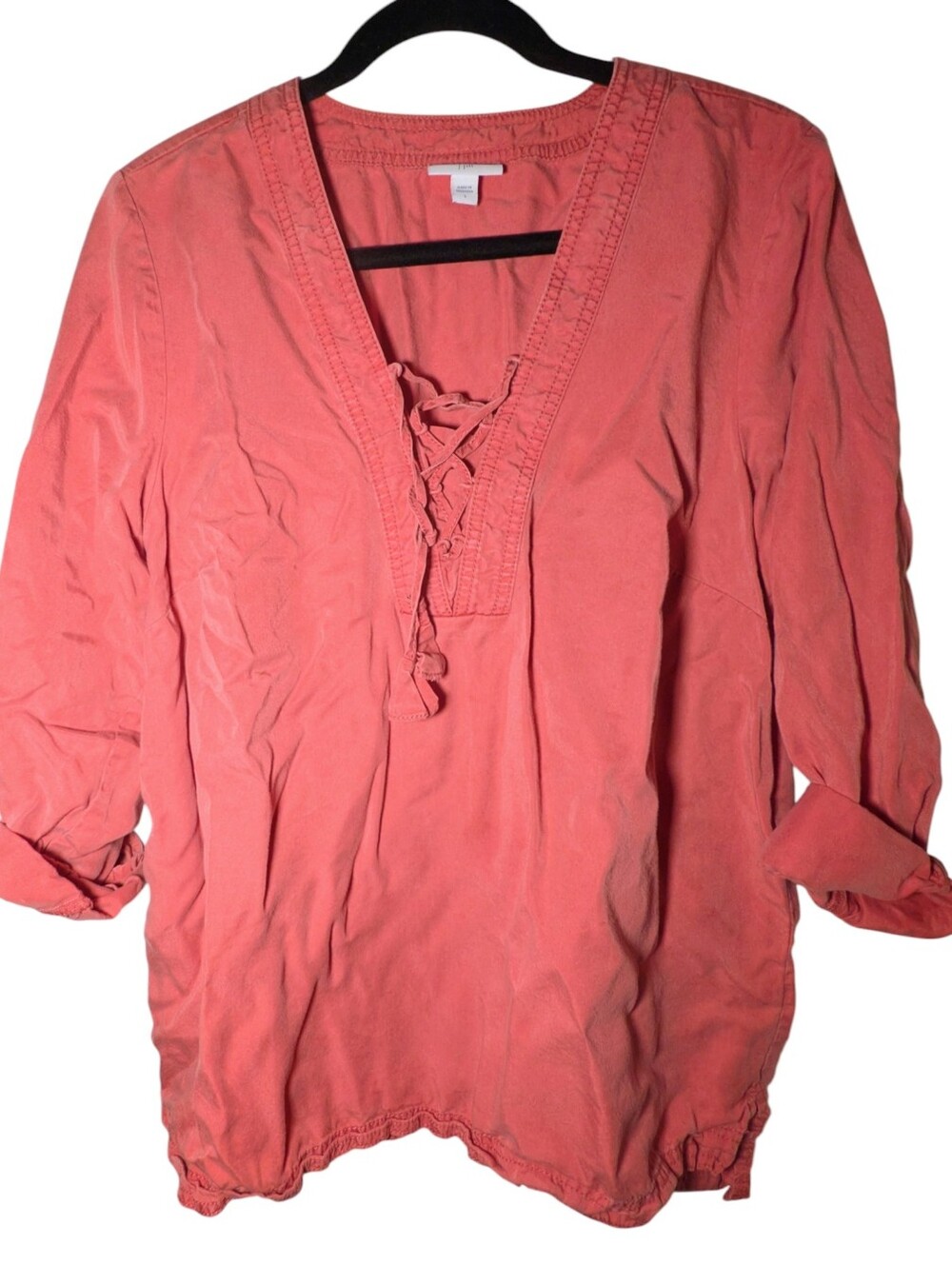 J. Jill Tencel Lyocell Lace Up V-Neck Top Orange Boho Roll Tab Sleeve Size L GUC